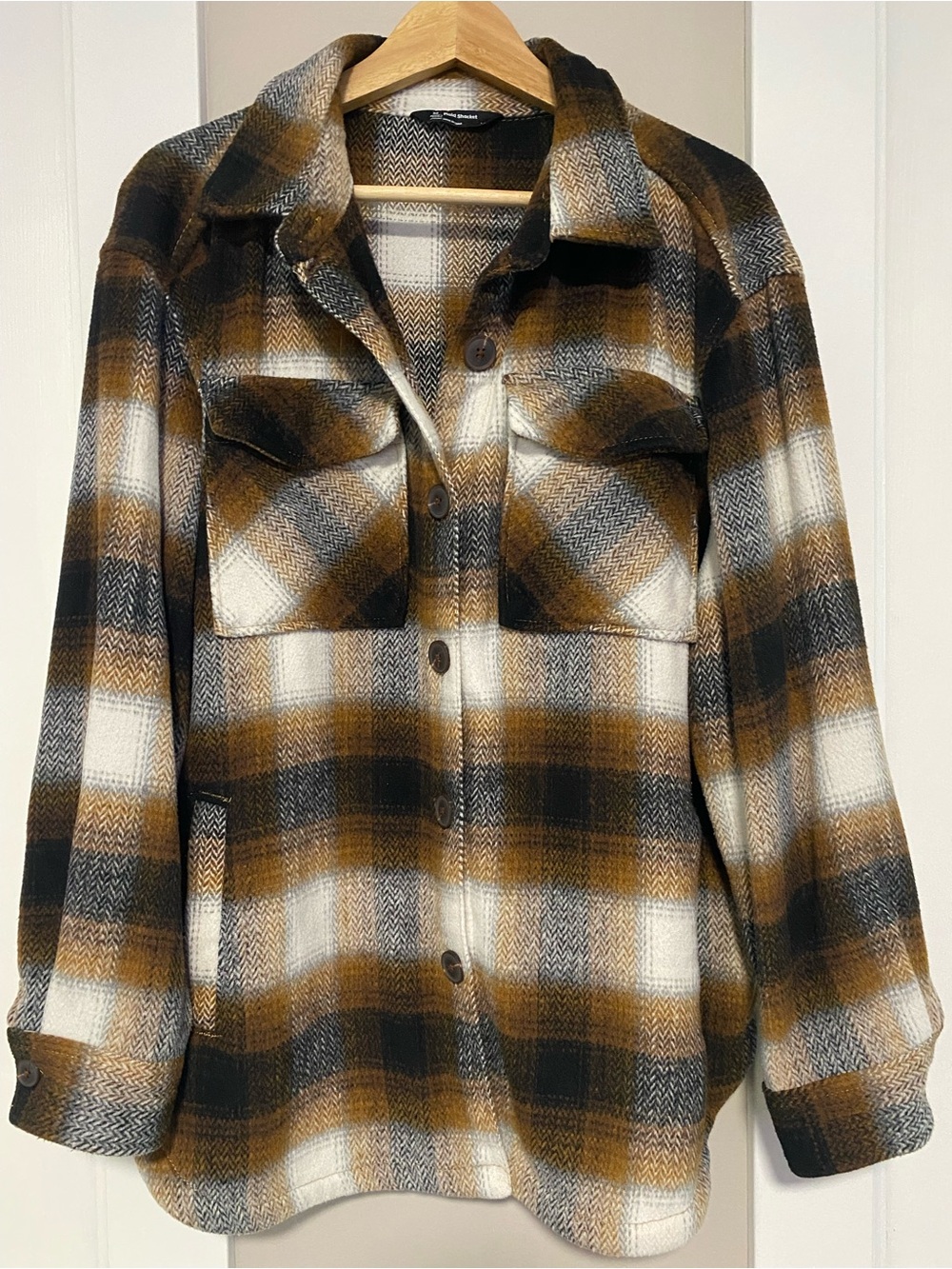 Plaid Button-Up Shacket in Brown, Black & Cream